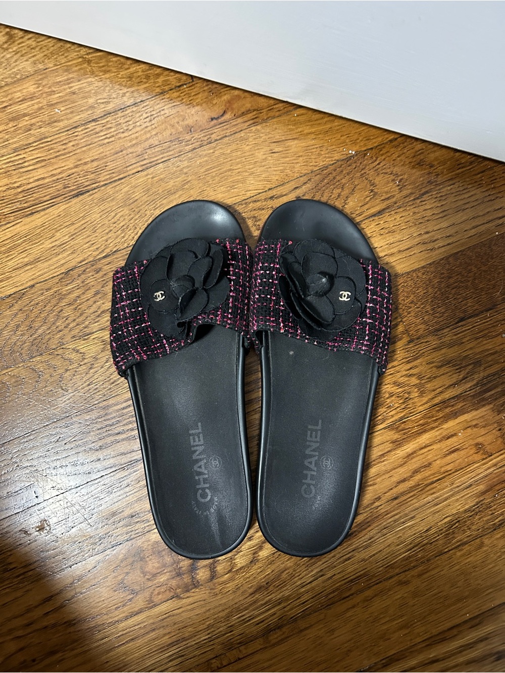 CHANEL Black and Pink Tweed Slide Sandals